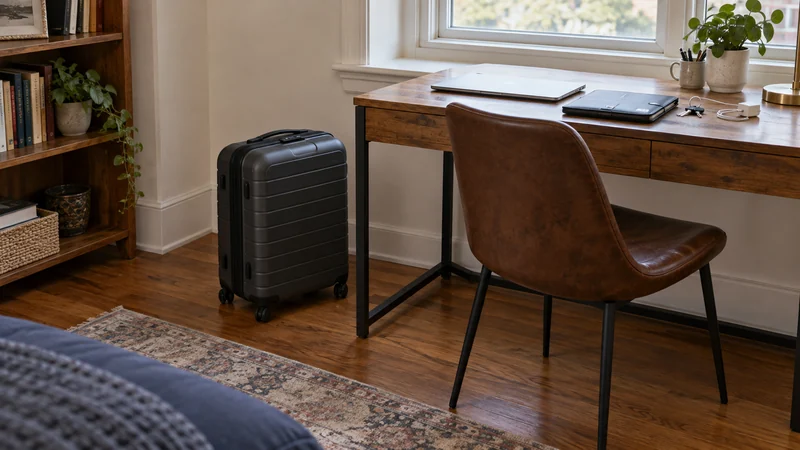 A suitcase beside a desk with a closed laptop, document folio, keys and charger A suitcase beside a desk with a laptop, document folio, keys and charger