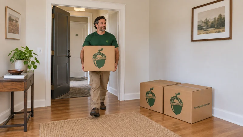 A mover carrying a sealed medium kraft carton with two cartons aside A mover carrying a sealed medium carton with two cartons beside the entry