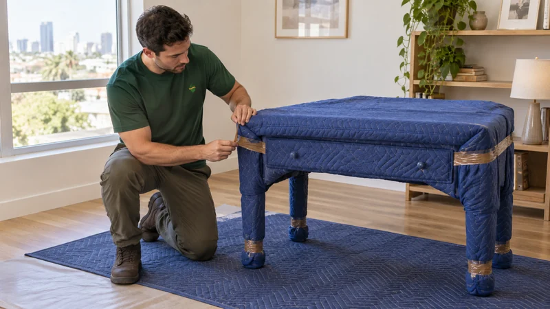 A mover removing tape from quilted protection around a compact writing desk A mover removing tape from quilted protection around a compact writing desk