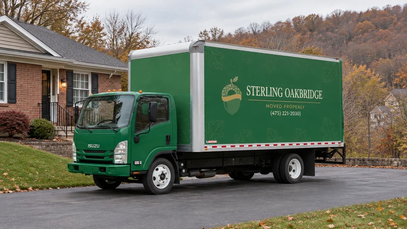 A branded green moving truck on a level paved approach beside a hillside-area home A branded green moving truck on a level paved approach beside a home in a hillside setting