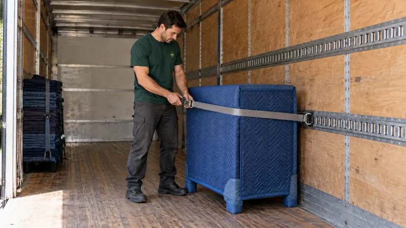 A mover checking a strap across a blanket-protected cabinet inside a stationary truck A mover checking a strap across a blanket-protected cabinet inside a stationary truck