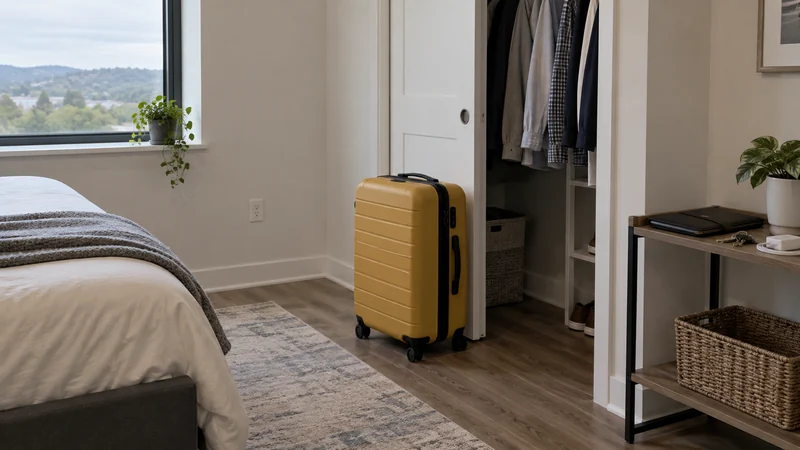 A suitcase beside a bedroom closet with a closed folio, keys and charger nearby A suitcase beside a closet with a closed folio, keys and charger nearby