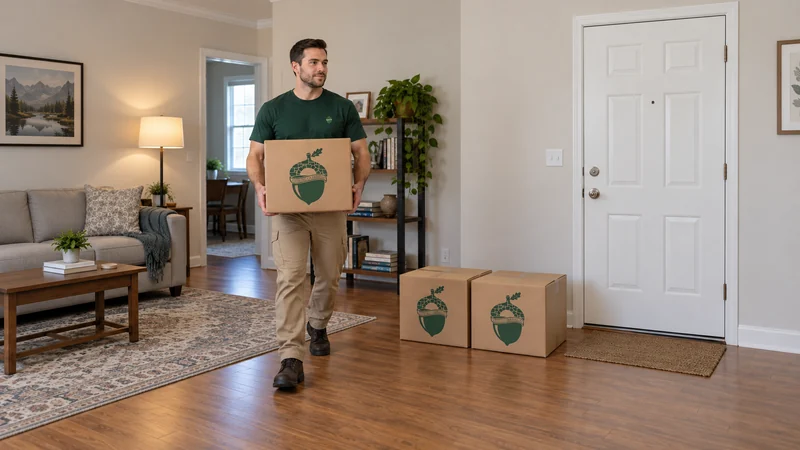 A mover carrying a sealed medium kraft carton with two cartons beside an entry A mover carrying a sealed medium carton with two cartons beside an entry