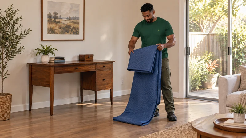 A mover folding a removed blanket beside an unwrapped wood desk in a receiving room A mover folding a removed blanket beside an unwrapped wood desk in a receiving room