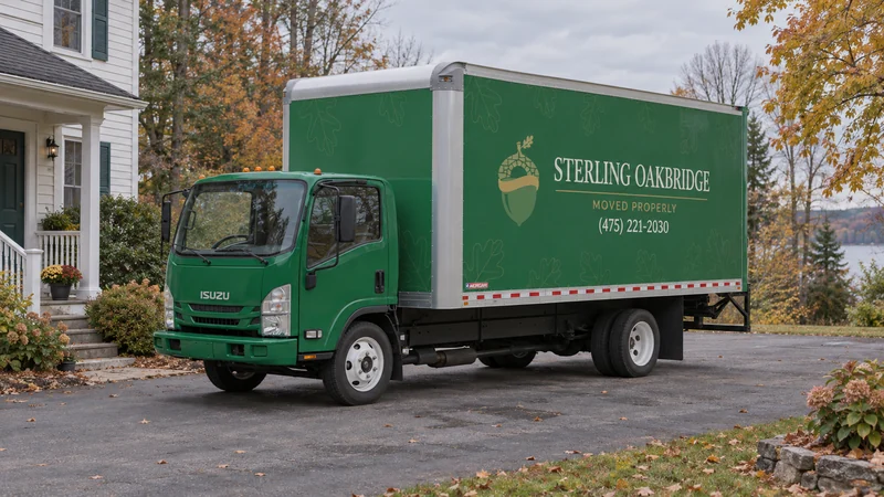 A green branded moving truck in a broad paved pull-in beside an older home A green branded moving truck in a broad paved pull-in beside an older home