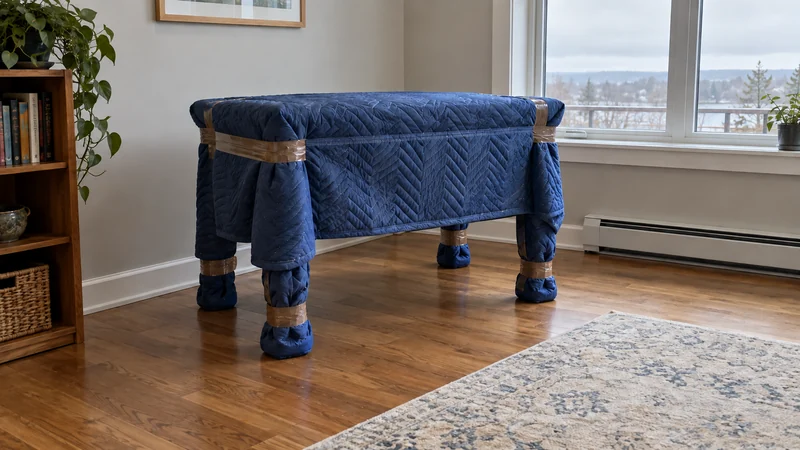 A compact writing desk protected with quilted moving blankets A compact wooden desk fully protected with quilted moving blankets