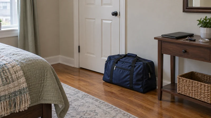 A closed travel bag by the bedroom door with a folio and keys on a console A closed travel bag by the bedroom door with keys and a folio kept separately