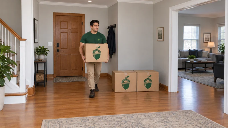 A mover carrying a sealed medium kraft carton with two cartons beside the entry A mover carrying a sealed medium kraft carton with two cartons beside the entry