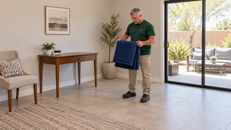 A mover folding a removed blanket beside an unwrapped writing desk in a receiving room A mover folding a removed blanket beside an unwrapped desk in a receiving room
