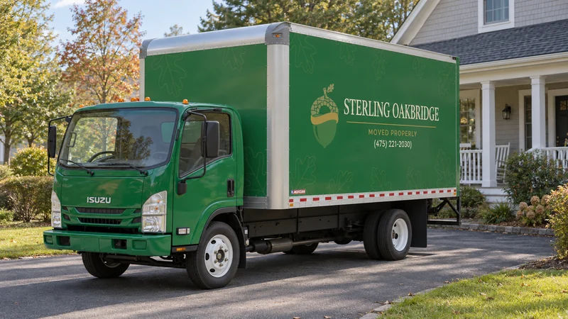 A green branded moving truck beside a maintained porch-fronted home