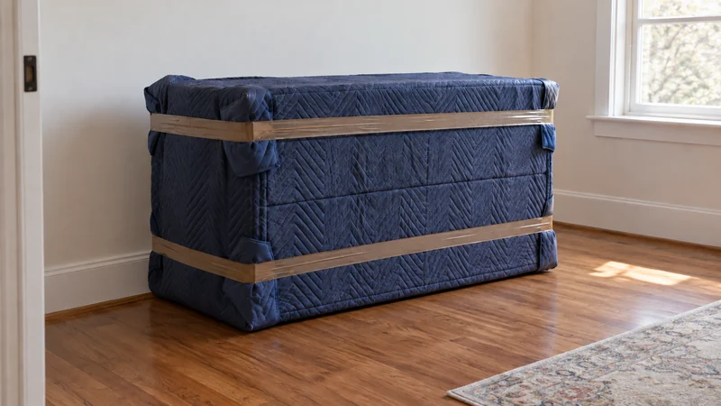 A low chest of drawers protected with quilted blankets