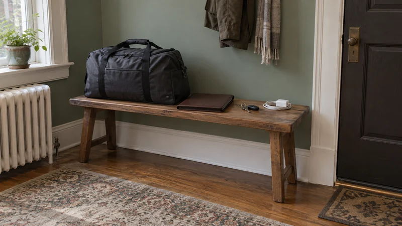 A travel bag and household essentials set apart on an entry bench