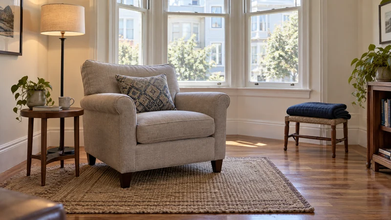 An unwrapped armchair placed in a receiving room with a bay window