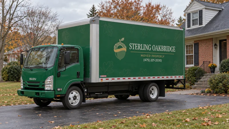 A branded green moving truck beside a maintained residential home
