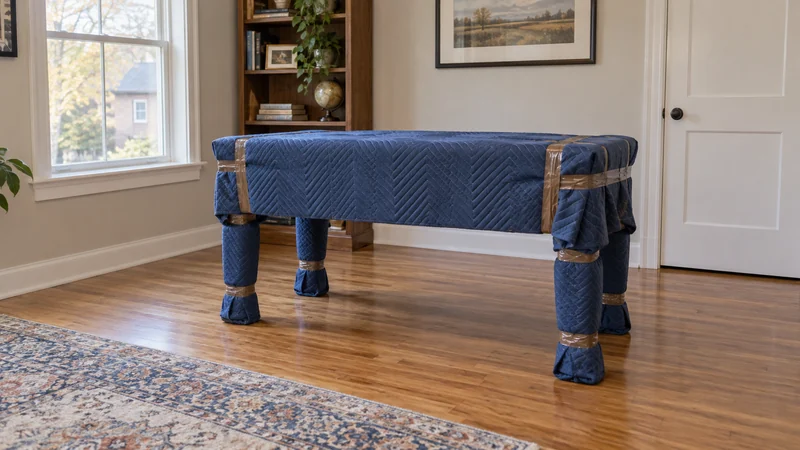 A compact desk protected with quilted blankets including its feet