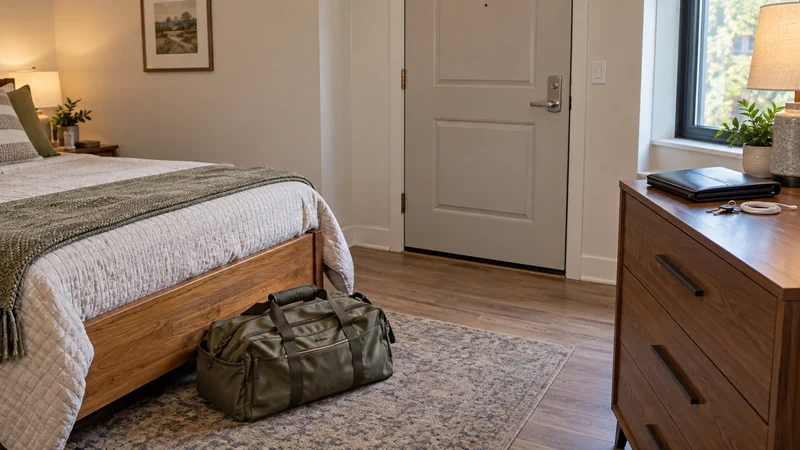 An overnight bag beside a bed with a closed folio, keys and charger on a dresser