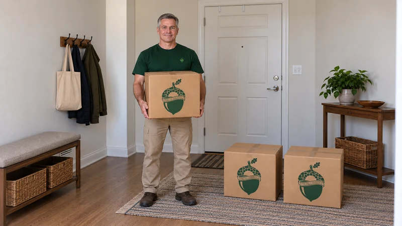 A mover holding a sealed medium carton with two cartons beside an apartment entry