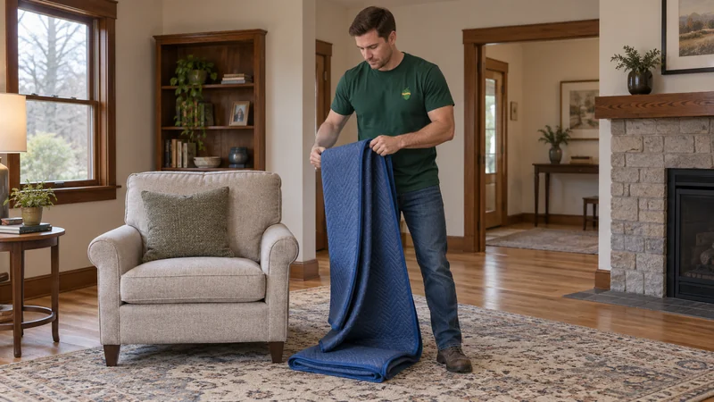 A mover folding a removed blanket beside an unwrapped armchair in a receiving room