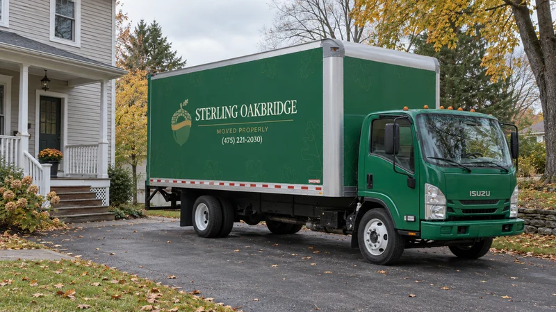 A branded green moving truck parked on a residential driveway beside an older wood house