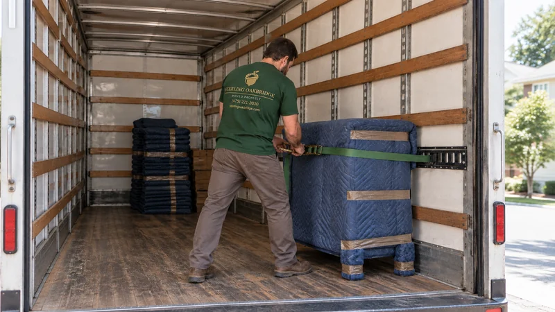 A mover securing a blanket-wrapped dresser with a tie-down inside a stationary truck