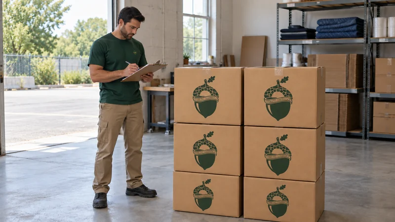 A mover reviewing six sealed medium kraft cartons grouped as a small shipment
