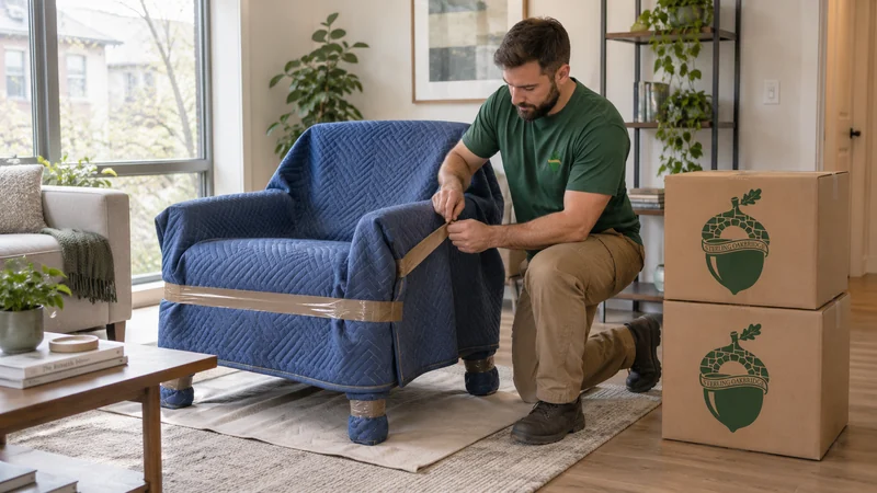 A mover loosening packing tape from a protective blanket around an armchair at a receiving home