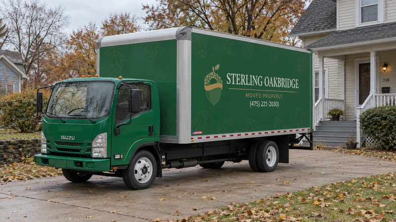 A branded green moving truck beside a porch-fronted home A branded green moving truck beside a porch-fronted home