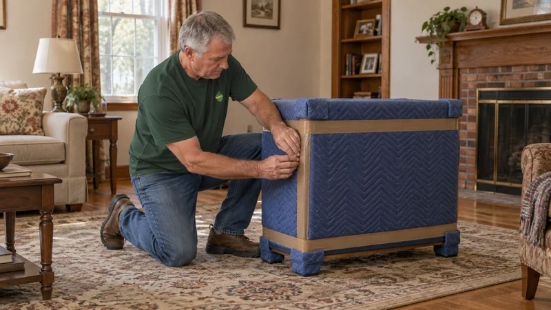 A mover securing a quilted blanket around a cabinet before loading A mover securing quilted protection around a cabinet before loading