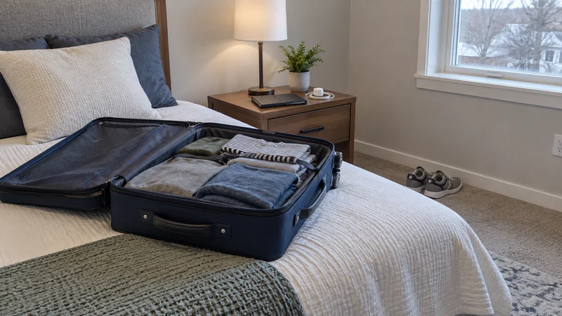 An open suitcase with clothing and a closed folder and charger beside a bed An open suitcase with clothing and a closed folder and charger beside a bed