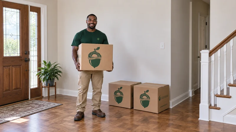 A mover holding a sealed medium kraft carton with two cartons beside the entry A mover holding a sealed medium carton with two cartons beside the entry