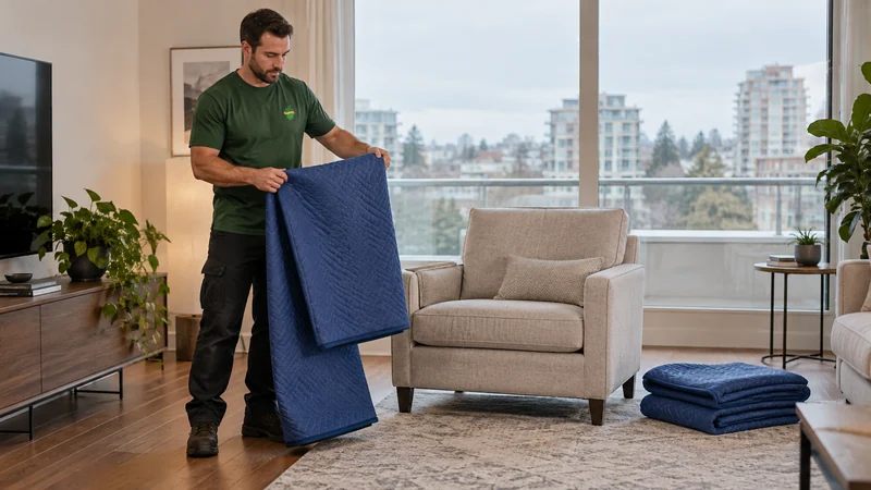 A mover folding a removed blanket beside an unwrapped armchair in a condominium A mover folding a removed blanket beside an unwrapped armchair in a condominium
