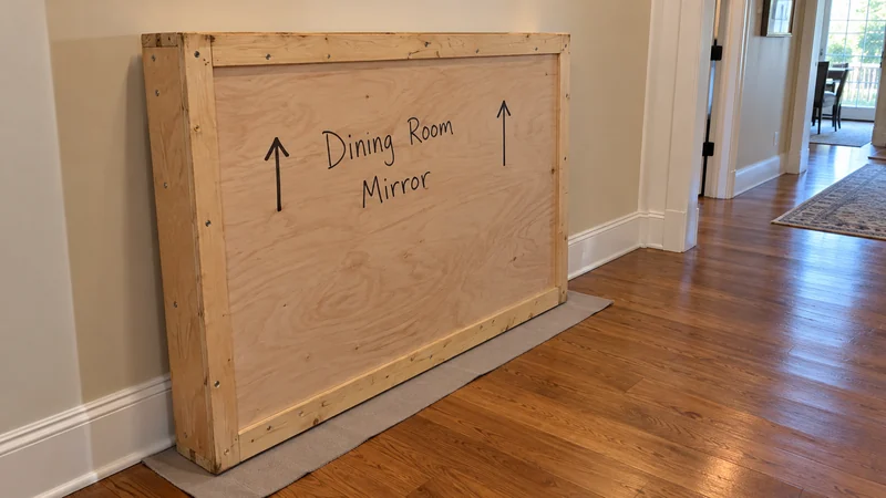 A closed wooden crate marked Dining Room Mirror with upward arrows rests on a protective floor strip beside a clear wooden-floor hall.
