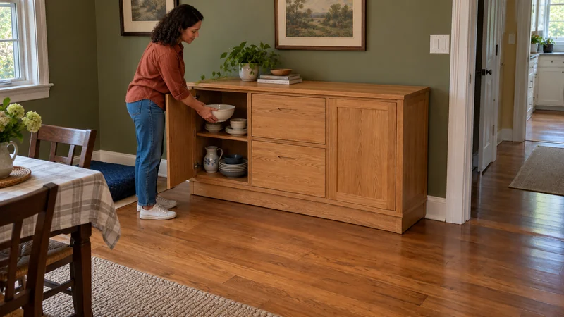 A resident places a ceramic serving bowl in an open oak sideboard compartment in an olive-walled dining room, with the connected hallway clear.