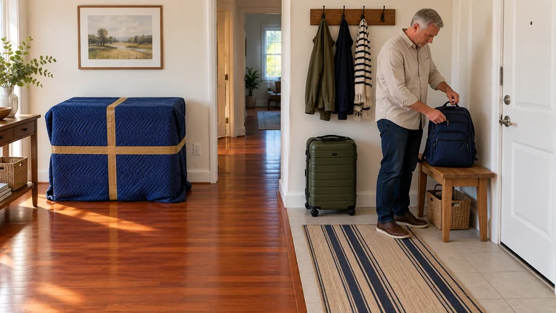 A resident checks a navy backpack zipper on an entry bench beside a green rolling suitcase, apart from a blanket-protected furniture parcel.
