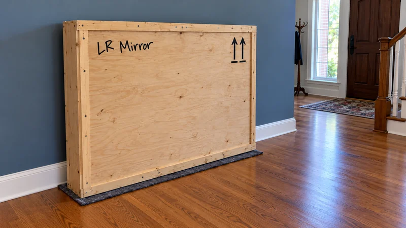 A closed plywood crate marked LR Mirror with upright arrows rests on a floor pad beside a blue wall, leaving the household entrance and stair approach clear.