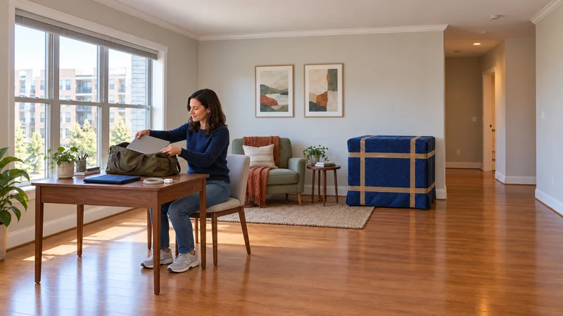 A seated resident lowers a closed laptop into an olive travel bag on a walnut desk, with a blue document wallet and charger kept beside it and protected furniture separate across the room.