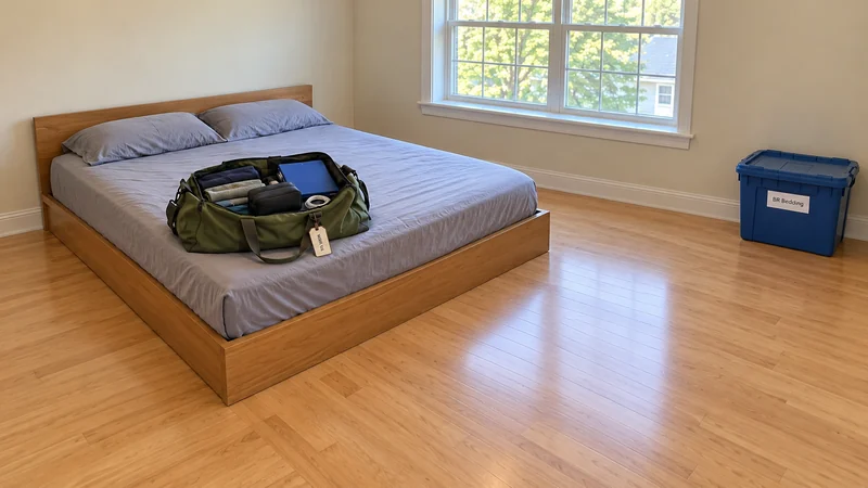 An open olive holdall with folded clothing, a wallet, pouch and charger rests on a made wood bed, separate from a closed blue bedding tote.