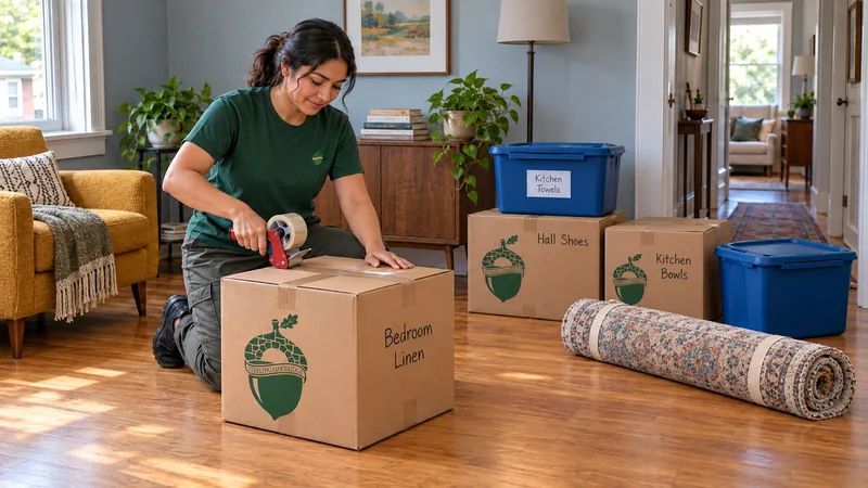 A kneeling mover seals a Bedroom Linen carton beside two other closed cartons, two blue totes and a secured rolled rug in a furnished apartment.