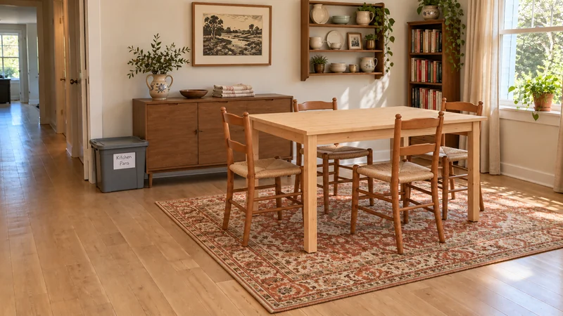 A complete dining group after a Bethlehem long distance move A pine dining table has four matching woven-seat wooden chairs, with a sideboard, plate shelf, cookbooks and a separate closed Kitchen Pans tote.