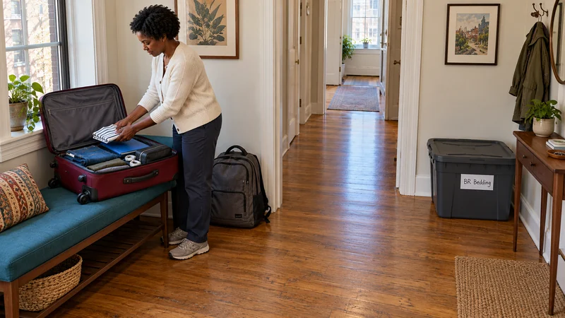 Personal travel packing for a Bethlehem, PA long distance move A resident places a folded striped shirt into a burgundy suitcase on a teal bench, while a backpack and closed BR Bedding tote stand separately beside a clear hallway.