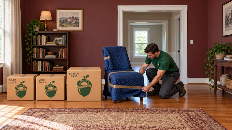A kneeling mover holds the lower blanket and tape edge around a chair beside two Study Books cartons and a larger Bedroom Linens carton in a burgundy-walled room.