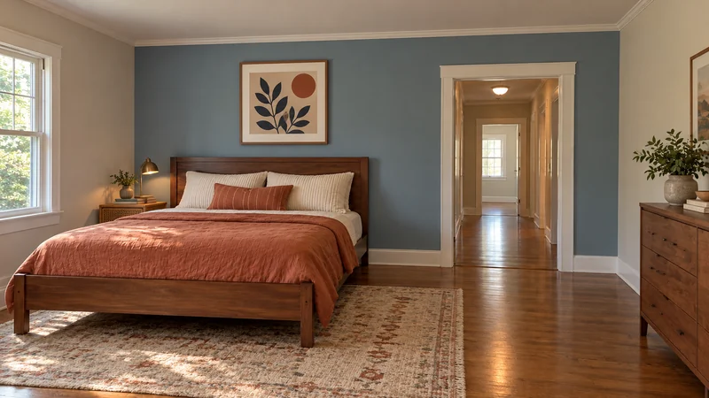 A complete wooden bed with terracotta bedding and cream pillows stands against a dusty blue wall beside a clear doorway and wooden-floor hall.