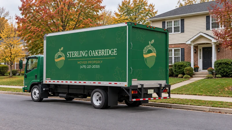 A complete green Sterling Oakbridge truck is shown from the rear and side at a residential curb beside a brick and light-sided home and autumn trees.