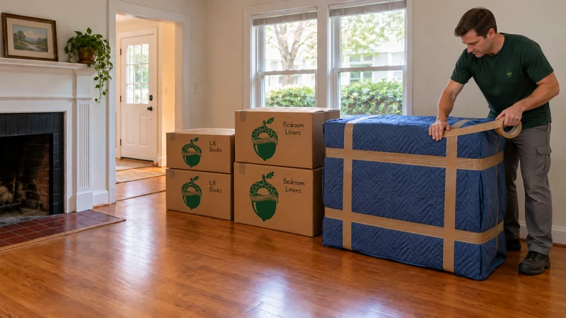 A mover applies brown tape to a blue-quilt-covered furniture piece beside two LR Books and two Bedroom Linens cartons.
