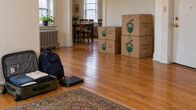 An open suitcase, navy backpack and closed black folio lie separately from four sealed Office Books and Bedroom Linens cartons.