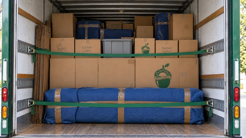 Two green restraints cross a mixed truck load of protected furniture, sealed cartons and a gray tote, with flattened cartons retained at the left wall.