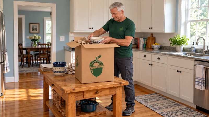 A mover holds a ceramic bowl over paper cushioning in an open double-wall carton on a sturdy wooden worktable in a furnished kitchen.
