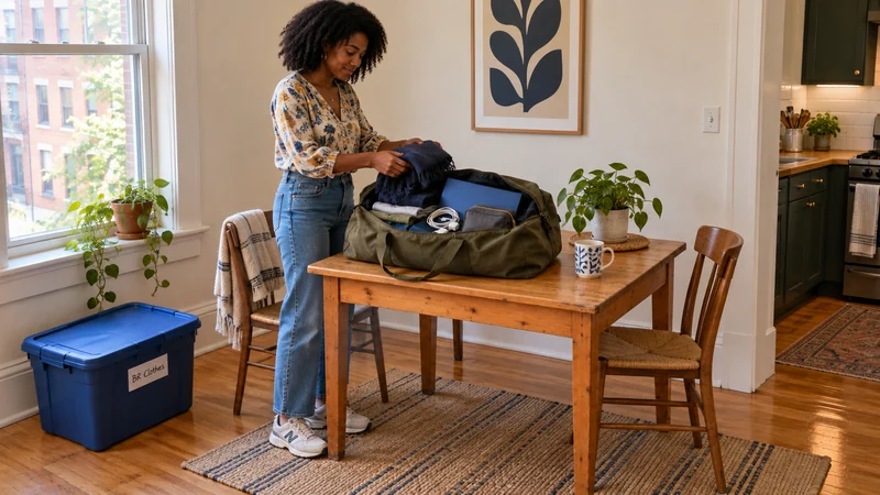 A resident lowers a folded wool scarf into an olive travel bag on a pine table, with a closed blue clothing tote kept separately on the floor.