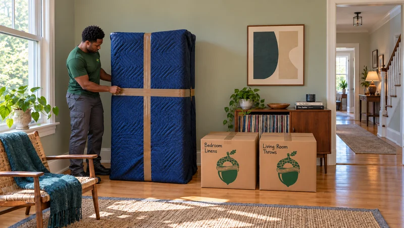 A mover secures tape around a quilt-protected bookcase beside sealed linen cartons in a furnished sage room with a connected hallway.