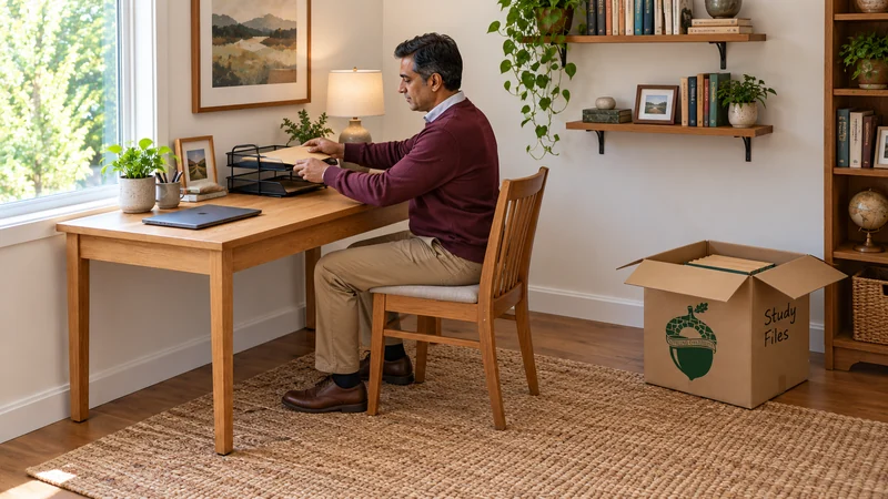 A resident places a folder into a desk letter tray beside an open study carton, with a wooden chair, bookshelves and garden window around the receiving workspace.